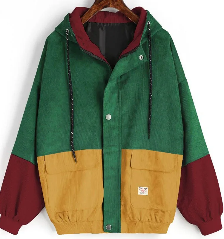 block patchwork corduroy hooded jacket