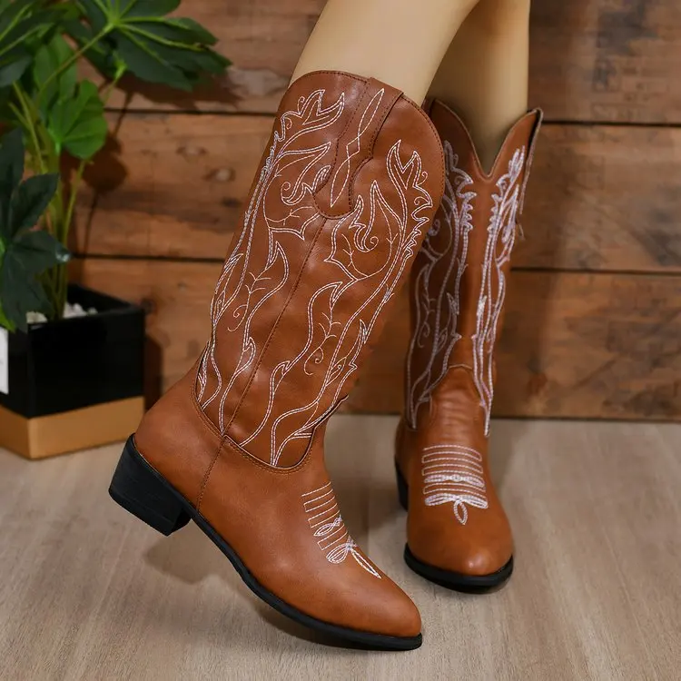 Factory Size 43 Cowgirl Boots Pointed Toe Autumn Winter Slip-on Mid Calf Women Embroidery Western Cowboy Boots - Image 2