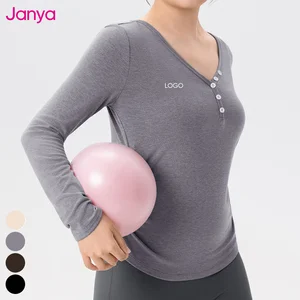 Janya Women's Nude Activewear Casual Ruched Sides Slimming Fitness Tops V-Neck Sports T-shirt Long Sleeve Plus Size Yoga Top