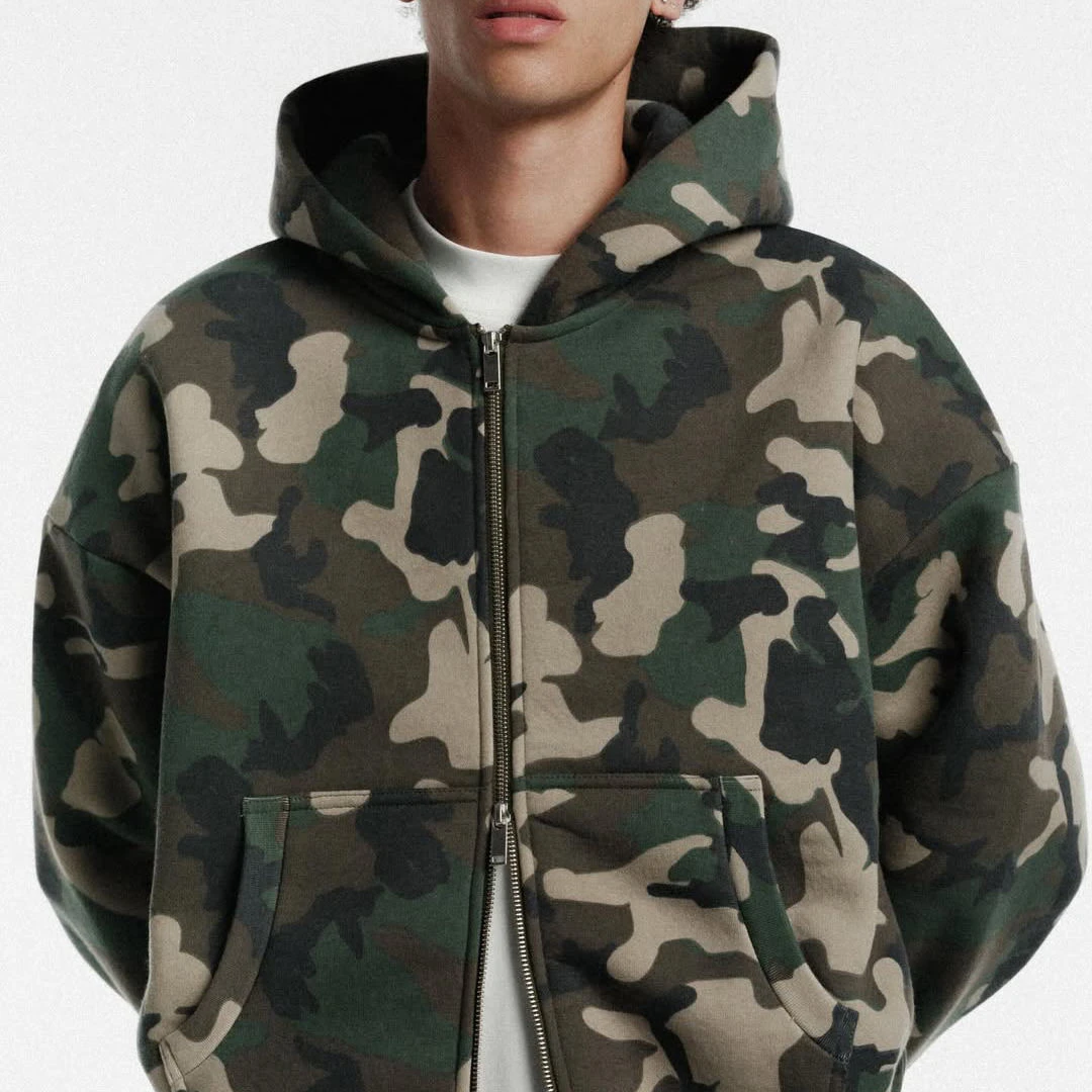 Custom Thick Cotton Blend Full Camo Relaxed Drop Shoulder Short Boxy Street Zip Front Men Hooded Sweatshirt gallery 3
