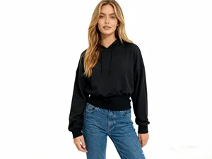 Spring/Autumn Cotton Spandex French Terry Light Luxury  Cropped Hoodie Drop Shoulder & Waist Band Casual Women's Sweatshirt