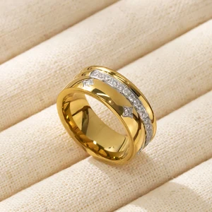 Factory Outlet Diamond Cubic Zirconia Wide High Polished Wedding Women's Rings Gold Plated Stainless Steel Fashion Jewelry