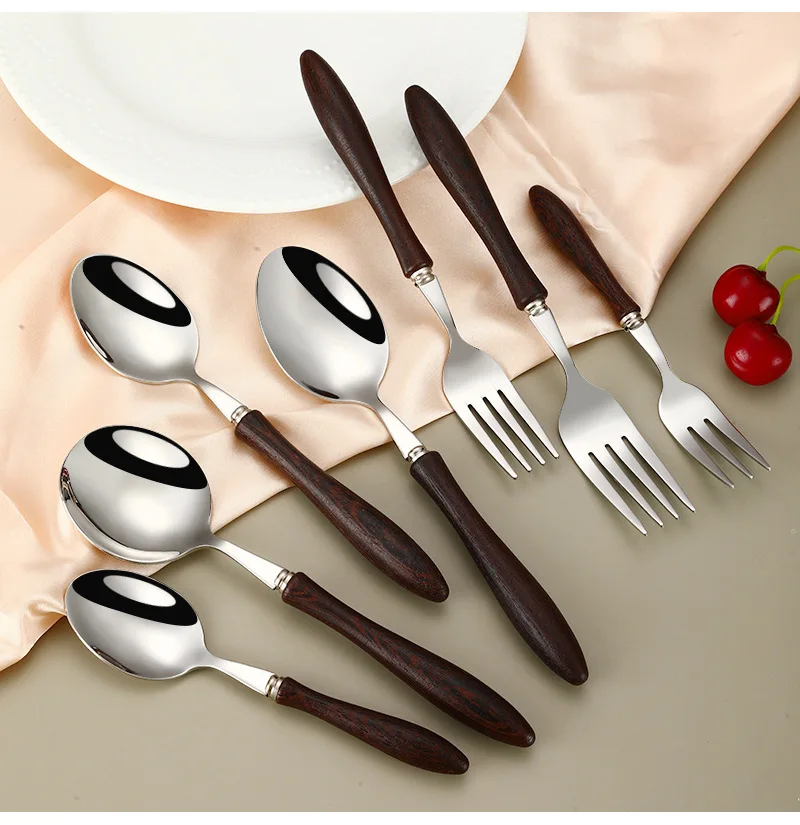 304 Stainless Steel Knife Fork Spoon With Wooden Handle Cutlery Set Restaurant Dessert Spoon Fork Retro Silverware Cutlery Set