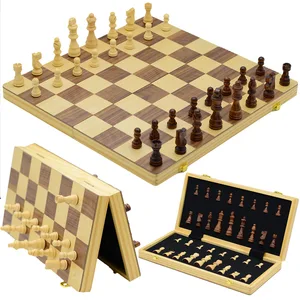 Magnetic Chess Board Set for Adults & Kids Wooden Folding Handcrafted Portable Travel Chess Game with Pieces Storage Slots