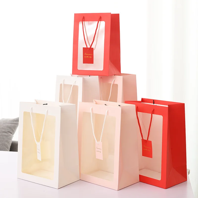 1pc Gift Packaging Bag, Transparent Windowed Tote Bag, Valentine's Day Gift  Paper Bag, Floral Gift Bag
