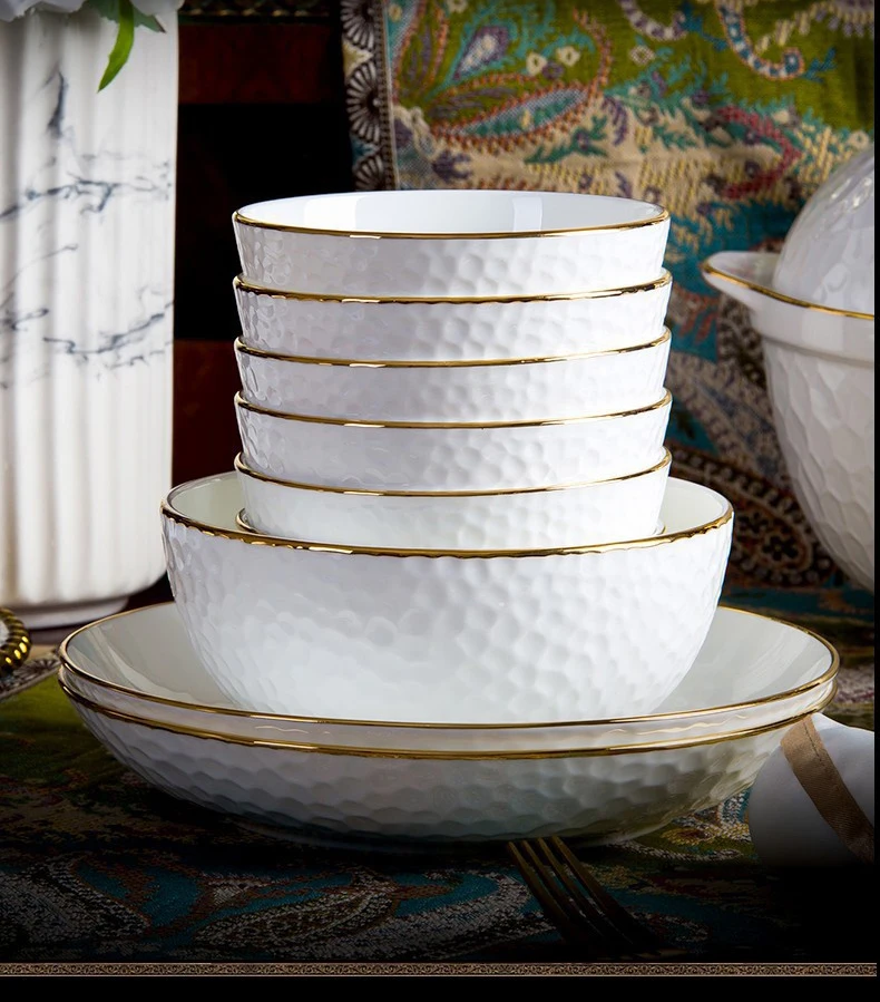Tivray Luxury Food Grade Bone China Embossed Tableware Plates Set
