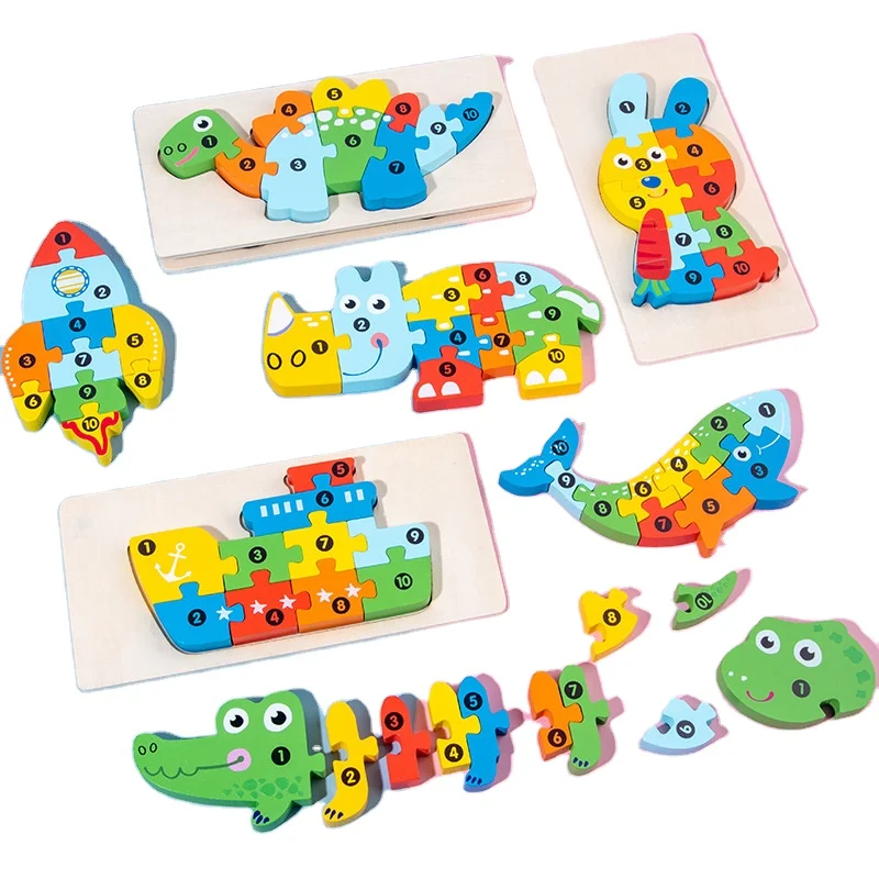 Hot Sale Animal Kids Wooden Educational Creative Montessori Toddler Toys Dinosaur 3d Wooden Jigsaw Puzzle