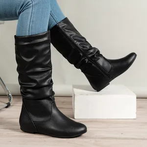 European and American Wind Round Head Large Size Side Zipper High Boots Women Cross-border Retro Thin Leather Boots Knight Boots