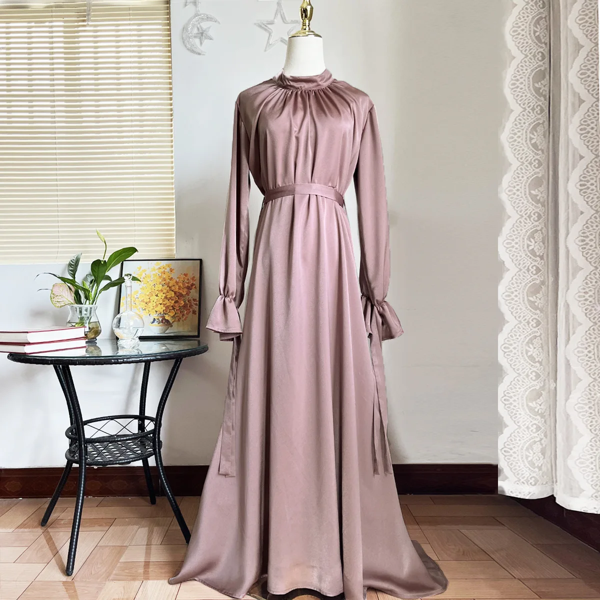 knee length dresses for ladies Long Sleeve Modest Muslim Formal Evening Dress Coral Pink Silk main image 1