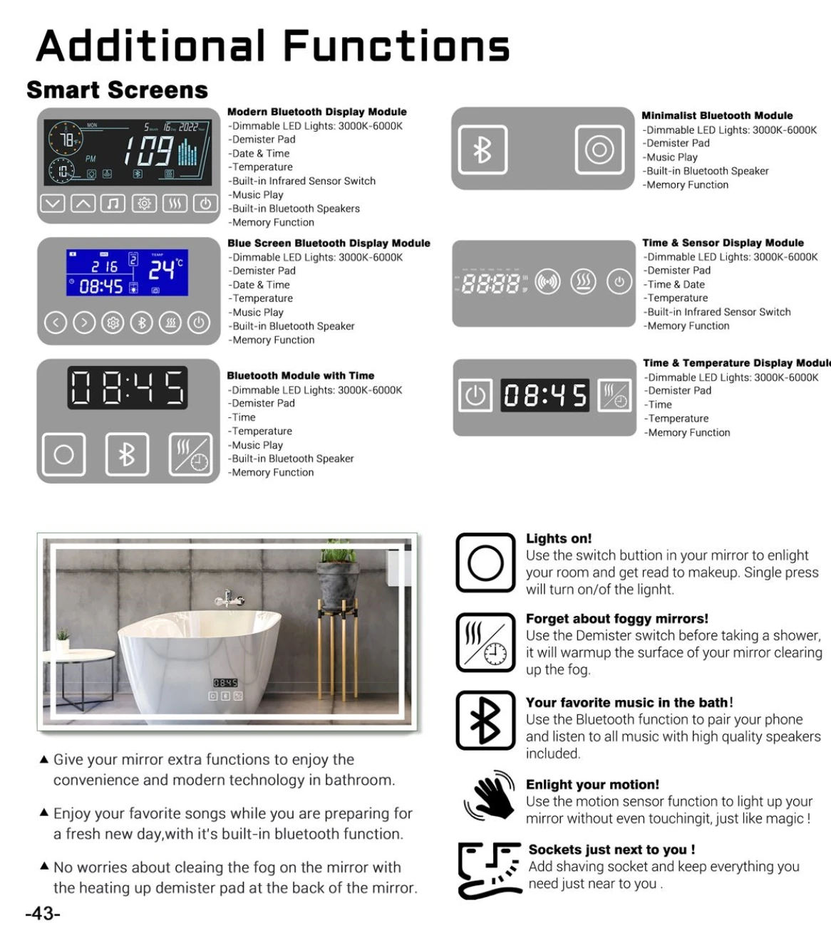 Modern Rectangle Wall Mirror Bath Lights Waterproof Backlight Antifog