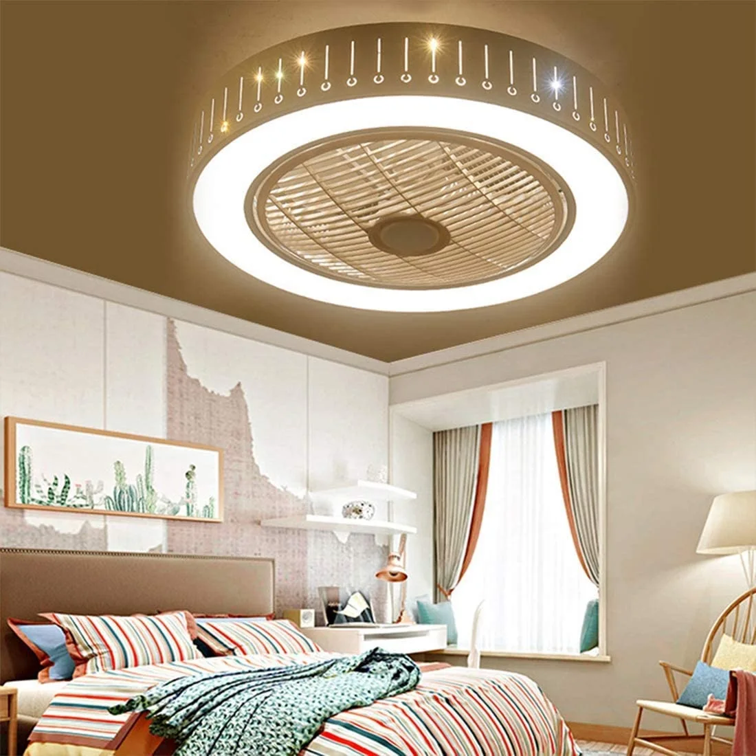 Ceiling Fan  with Lights and Remote Control with 7 Acrylic Blades Invisible Ceiling Fans for Living Room