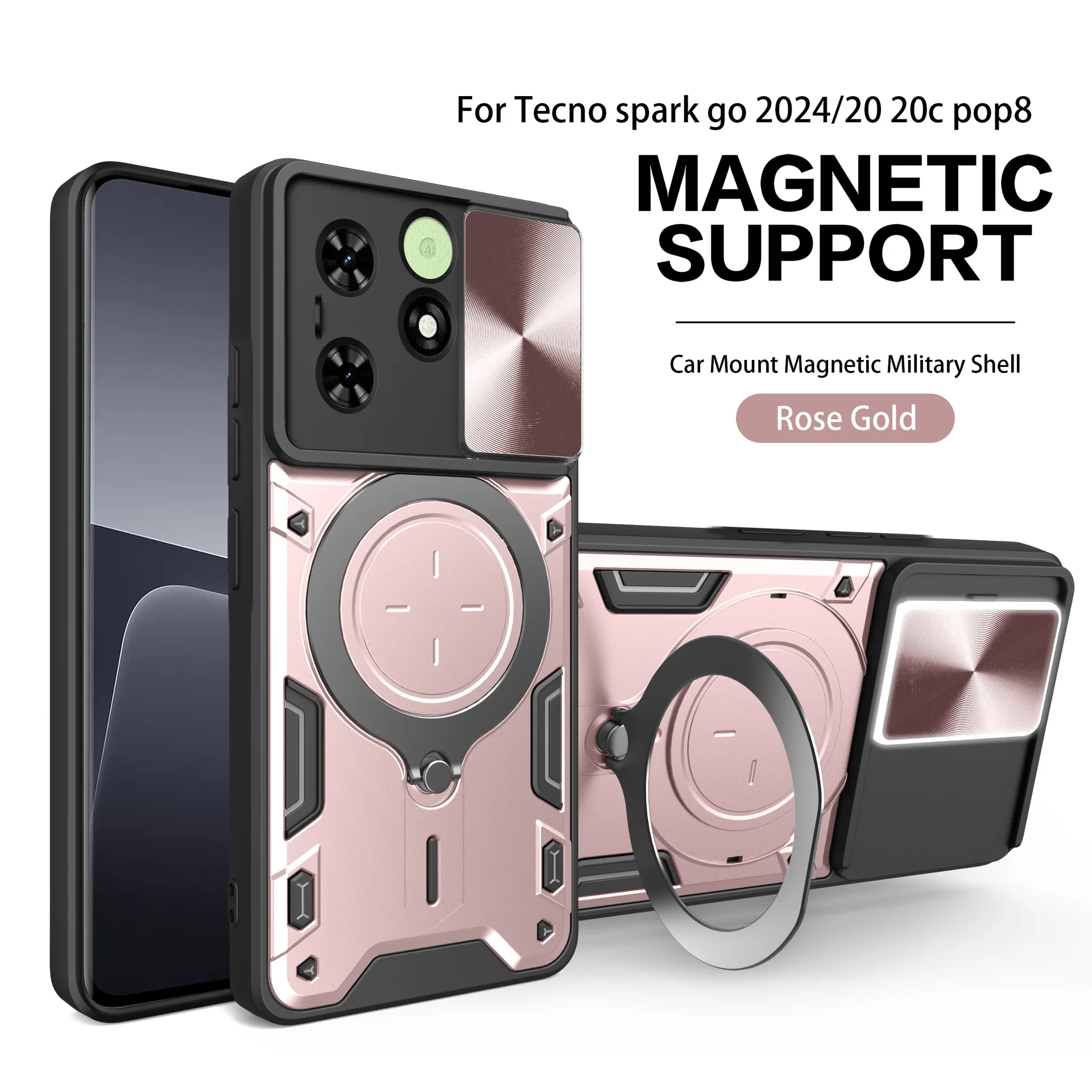 Dual Layer Defend Case for Tecno Spark Go 2024/ Spark 20C/ Pop 8 Protective Case with Kickstand and Slide Camera Cover