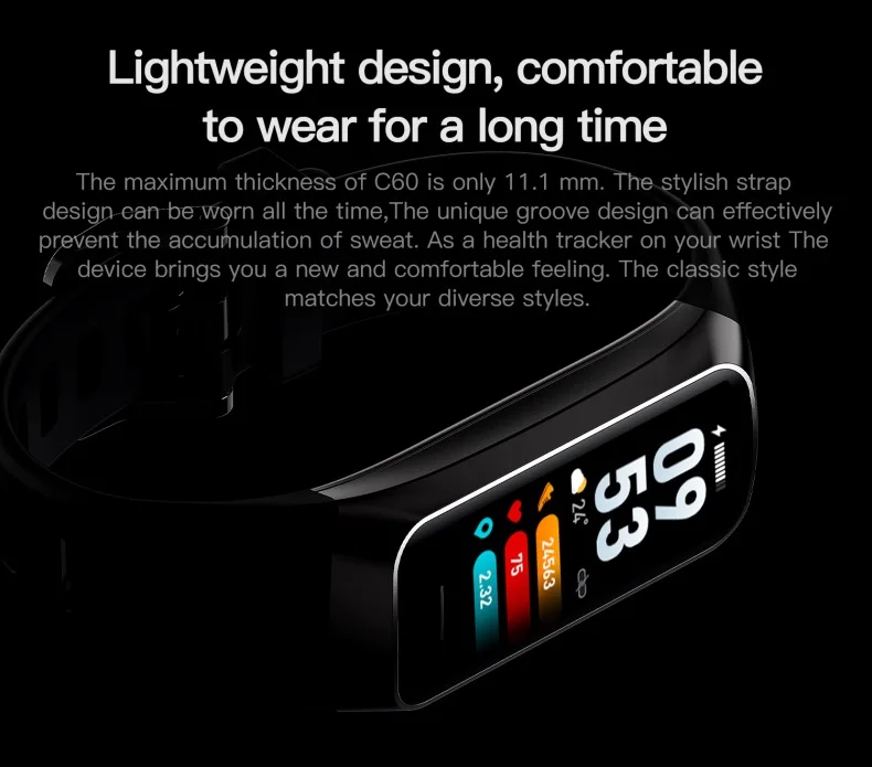 Cheap AMOLED Smart Bracelet C60 Heart Rate Blood Pressure Oxygen Body Temperature Call Message Reminder C60 Smart Band