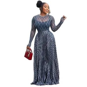 Customize New Floral Print Mix Fabric O-Neck Blue Long Sleeve Casual Summer Eco-Friendly Dress for Women