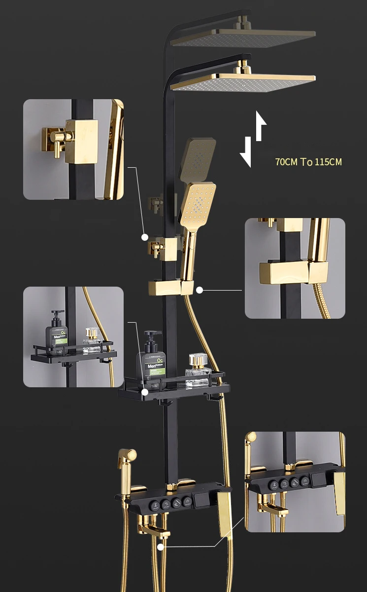 Kingze Square Concealed System Black Gold Bathtub Faucet 4 Functions