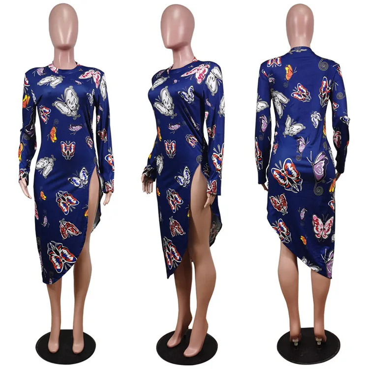 New Arrival Butterfly Printed Side Slit Irregular Casual Wear Stylish Womens Casual Sexy Dress Women 2021 Dress