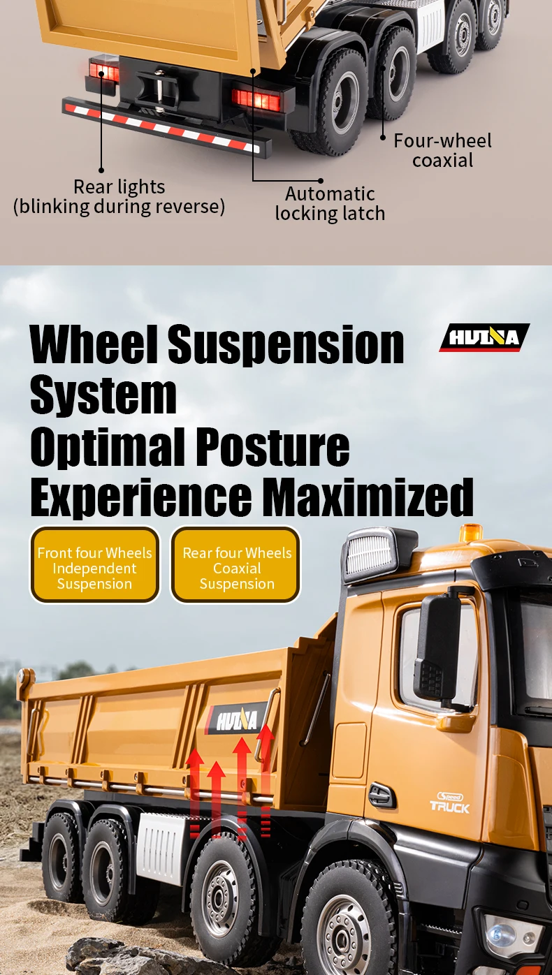 HUINA 1536 RC Car 8-Wheels Heavy-Duty Vehicle 1/14 Large Dump Truck Alloy Engineering Truck Cargo Remote Control Toys Model