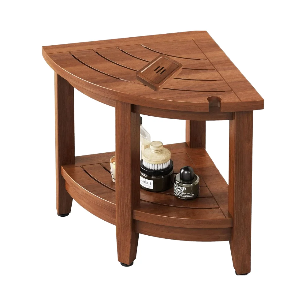 Teak Corner Shower Stool Adjustable Non-Slip Feet 2-Tier Storage Shelf for Shaving Legs Bathroom Furniture