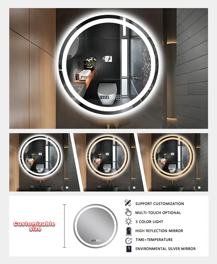product large round battery powered smart ip44 light wall mount mirror custom bluetooth bathroom mirror with led hotel-4