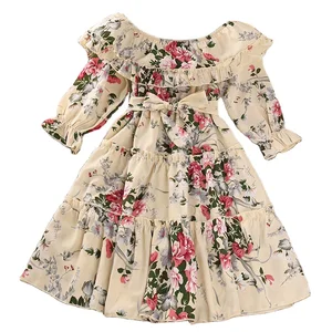 2022 Spring Autumn Children Clothes Princess Dresses Long Sleeve Off Shoulder Pleated Flower Print Casual Kids Girl Dress