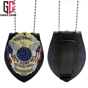 12 years Factory Custom Metal  security  badge  with  Leather  wallet holder
