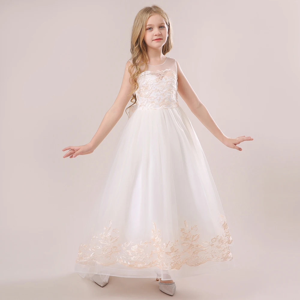 Fsmktz Champagne Flower Girl Long Tailed Highend Dress Flower Girl