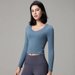 Wholesale Custom Female Yoga Long Sleeve Gym Top Women Fitness Sports Crop Top Casual Quick Dry Sportswear with Built in Bra
