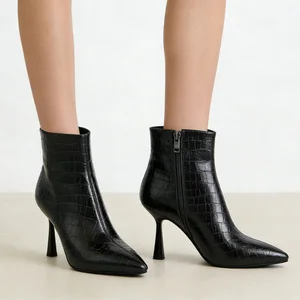 Women's Black Crocodile Pattern Stiletto Ankle Boots - Pointed Toe High Heel Leather Booties for Party