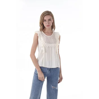 Summer Casual Lady Women Woven Sleeveless Lace Peasant White Shirt Femme Top Blouse With Lace