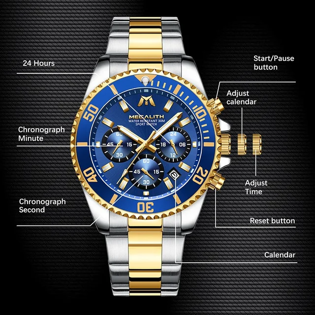 Montre MEGALITH Business Mens Watches Steel Gents Luxury Waterproof Chronograph Watch Top Brand Sports Quartz Wristwatch - Image 4