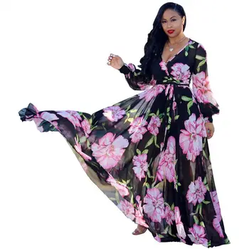 Alternative view of Ethnic New Fashion Women Floral Print Maxi Long Dresses High Quality Chiffon Spring Summer V-neck Chiffon Party A-line Dress
