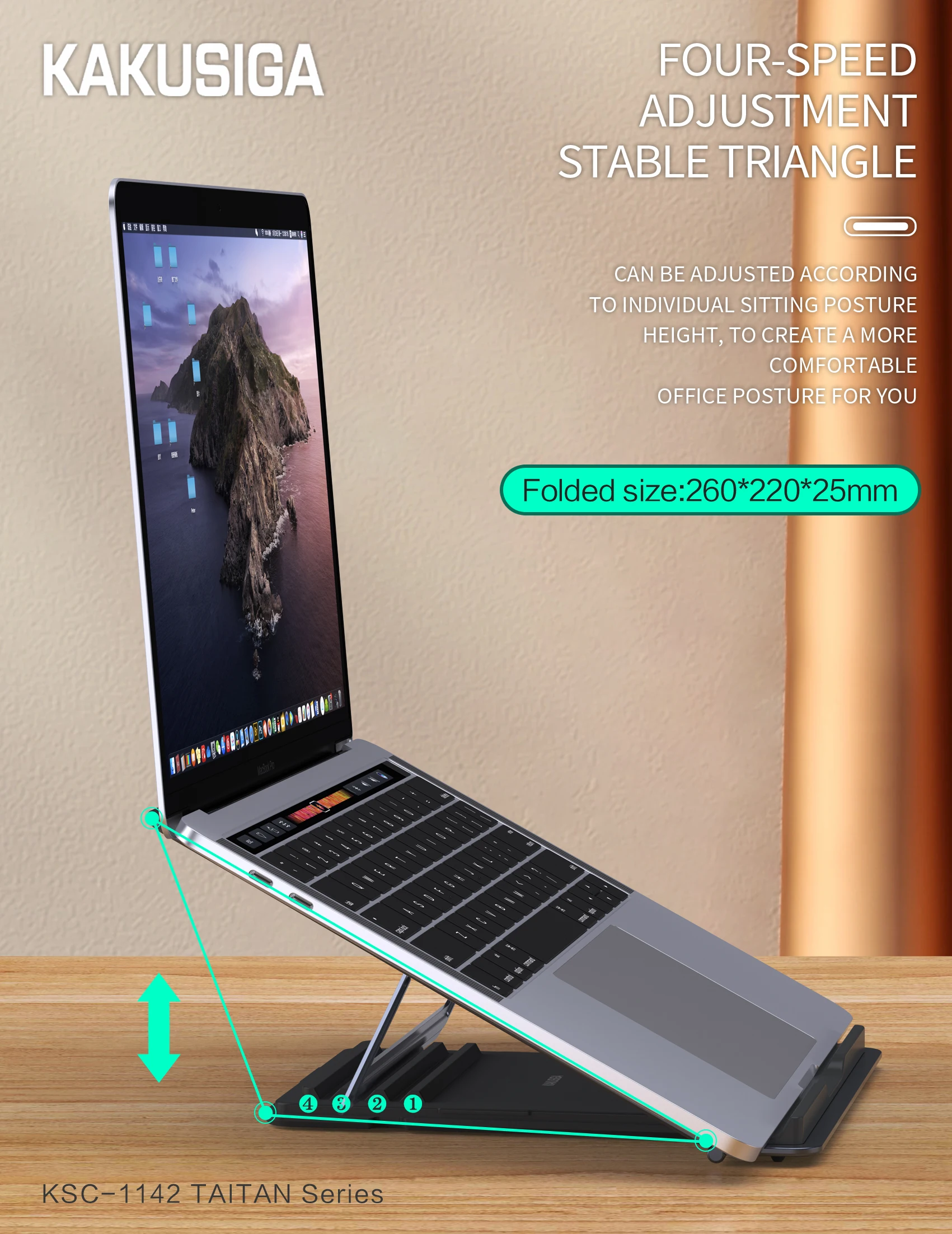 KAKUSIGA Lightweight and portable 4 speed adjustment stable triangle Metal Laptop Desktop Stand