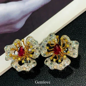 GEMLOVE 2.12CT Ruby & 2.76CT Lab Diamond Ring - 18K Gold Pigeon Blood Women's Jewelry