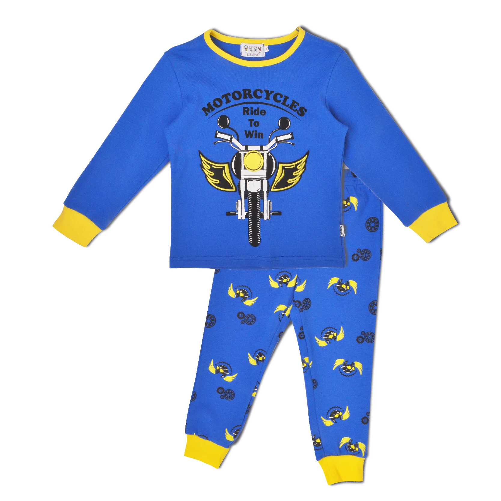 Крутая детская пижама из 100% хлопка с длинным рукавом и круглым вырезом принтом мотоцикла