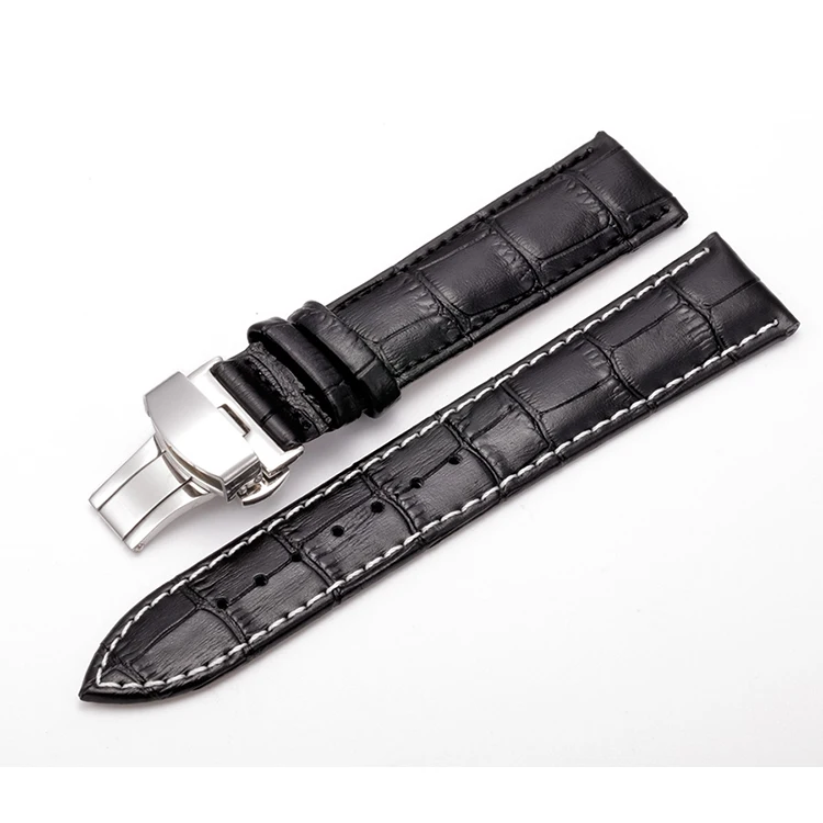 Men's 24mm Black Leather Replacement Leather Band Stainless Steel Buckle 