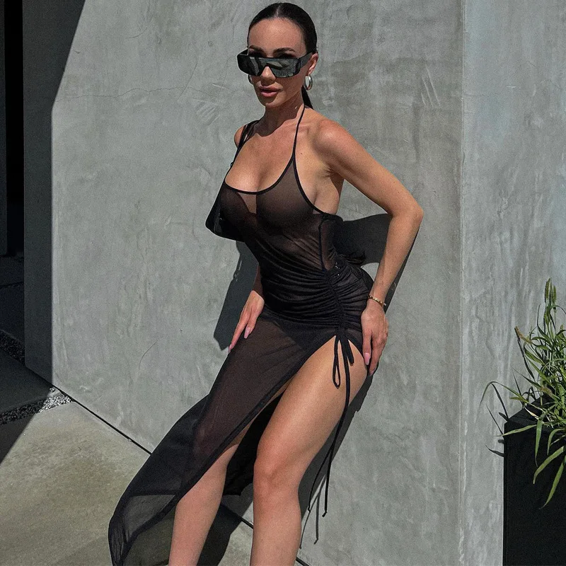 YILIMI Sexy Women Sleeveless Sheath Tight Black Bodycon Dress Mesh Sexy See- through Slit Casual Night Club Dresses| Alibaba.com