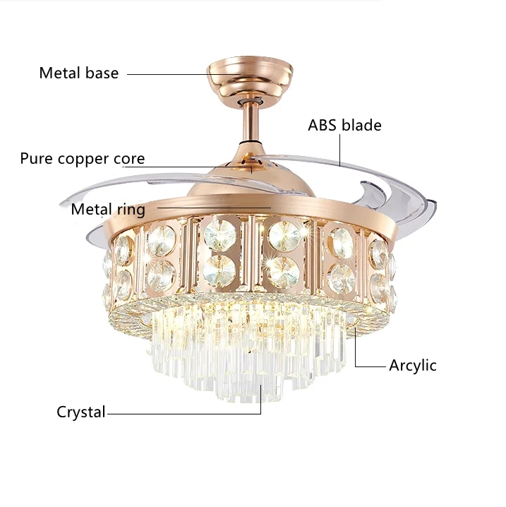 LED invisible modern crystal ceiling fan with light fixtures fan chandelier dining room decoration fan lighting