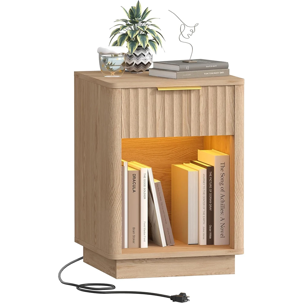 Nu-Deco MH25827 Modern Mid Century Wooden Nightstand Charging Station LED Light Drawer 15"Dx15.7"Wx22.6"H Bedroom Natural Oak