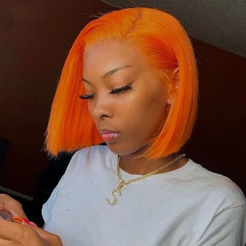 Parrucca corta arancione zenzero con capelli umani lisci e trasparenti, chiusura frontale in pizzo 4X4, attaccatura dei capelli pre-pizzicata_voghion.com