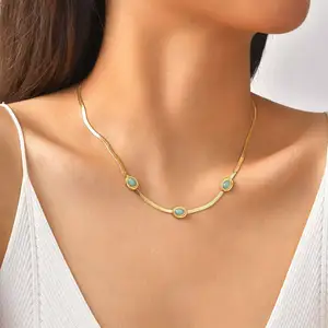 Fashion Women Flat Chain Jewelry Necklace Stainless Steel Natural Turquoise Snake Chain Chokers Necklaces