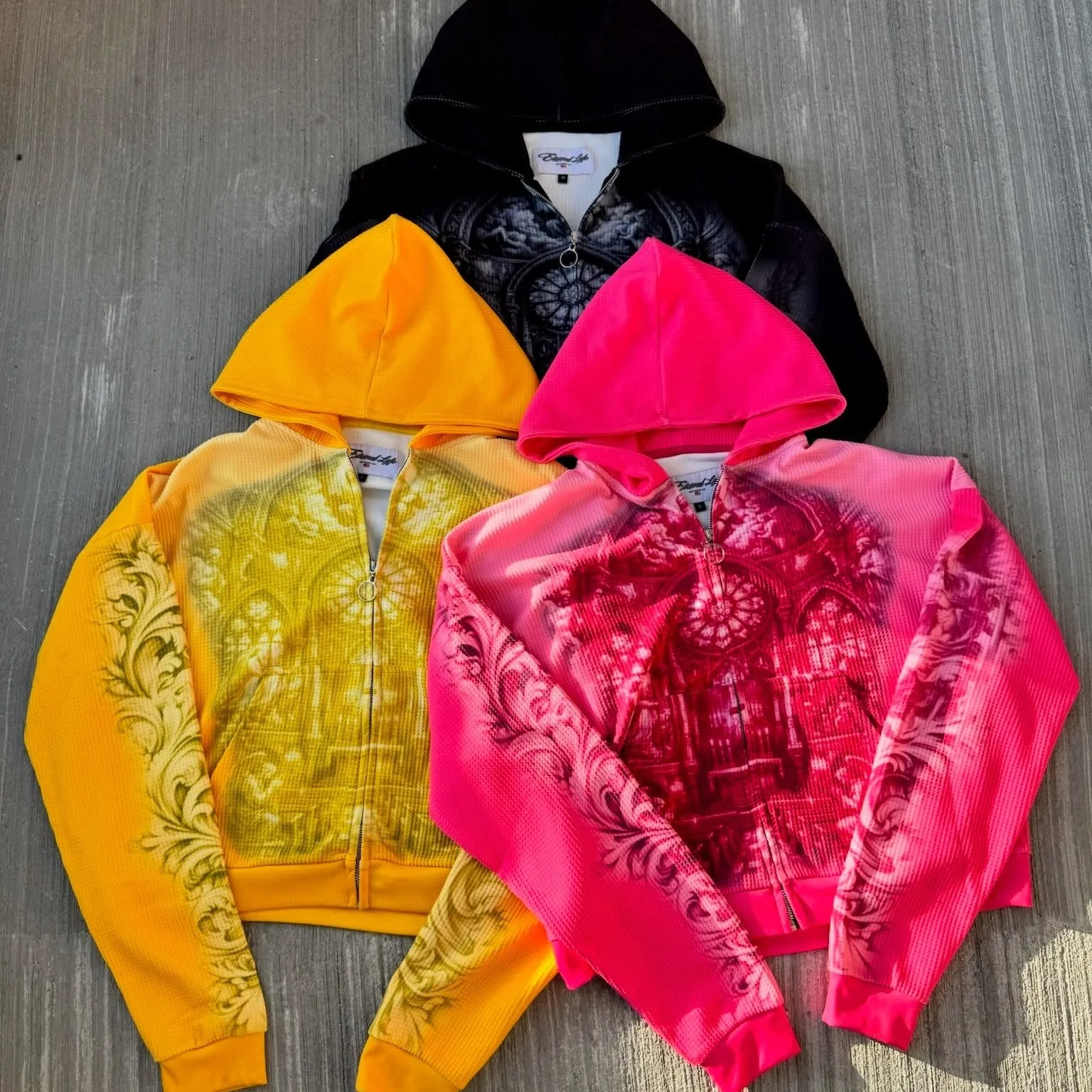 OEM ODM Custom Lined Winter Print Cotton French Terry Stripes Stitching Sun Fade Acid Washed Boxy Fit Zipper Hoodie Unisex