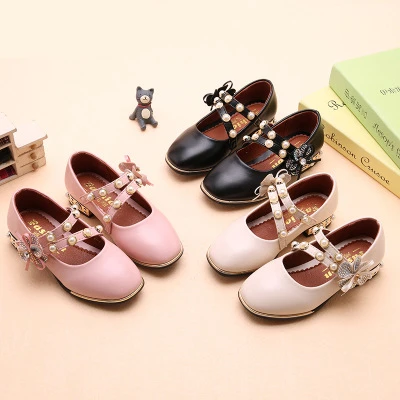 Оптовая продажа, новейшие стильные модные кожаные детские туфли принцессы на ремешке, обувь на высоком каблуке для девочек