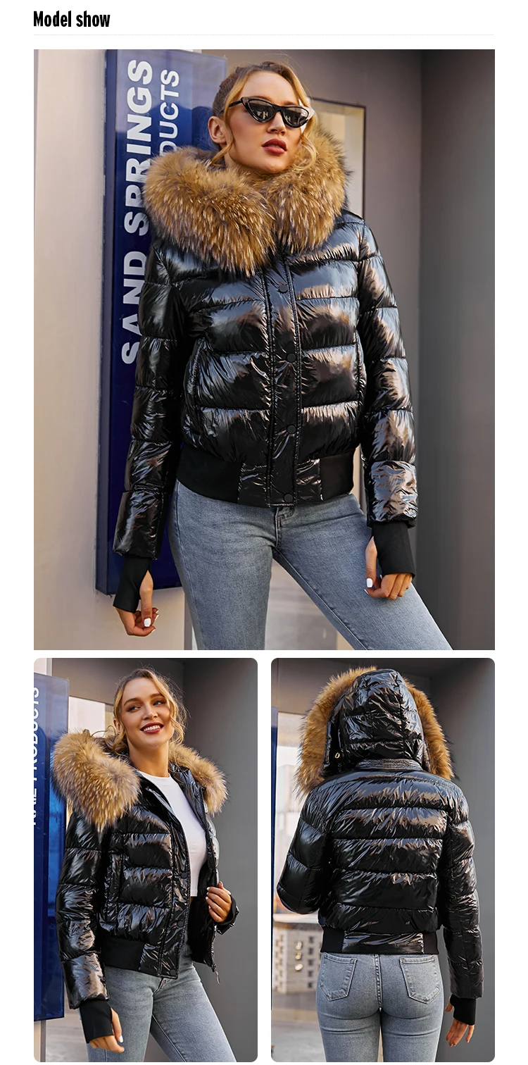 Fashion Warm Shiny Padded Puffer Jacket Black Short Women Quilted Coat  Puffer coat with big fur hood Black Shiny Puffer Coat| Alibaba.com