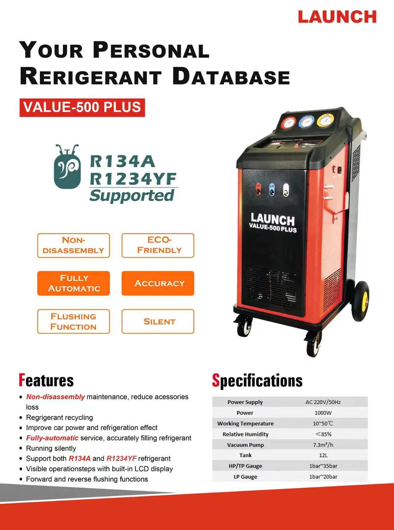 Launch R134 Ac Machine LAUNCH Value 500 Plus R134a Car A/C Refrigerant Machine for Efficient ...