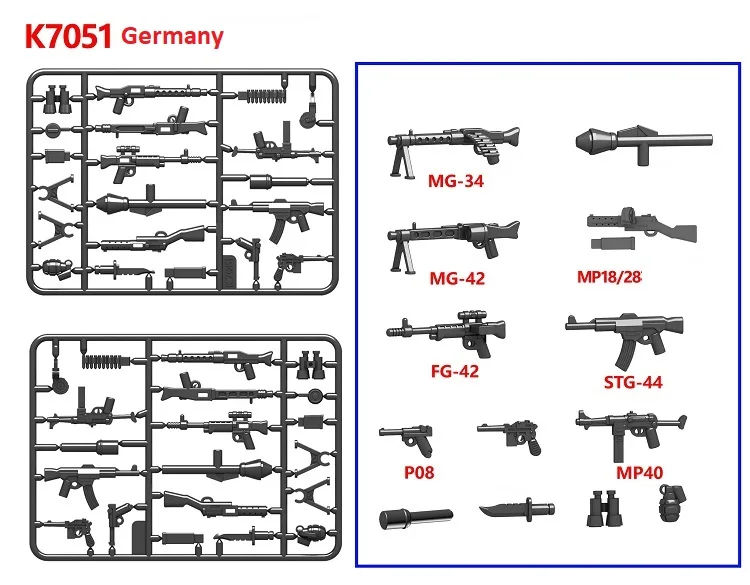WW2 German Military MOC Bricks Model Toy Style Gun Pieces Building Blocks Army Soldier Accessories Rifle Pistol Parts
