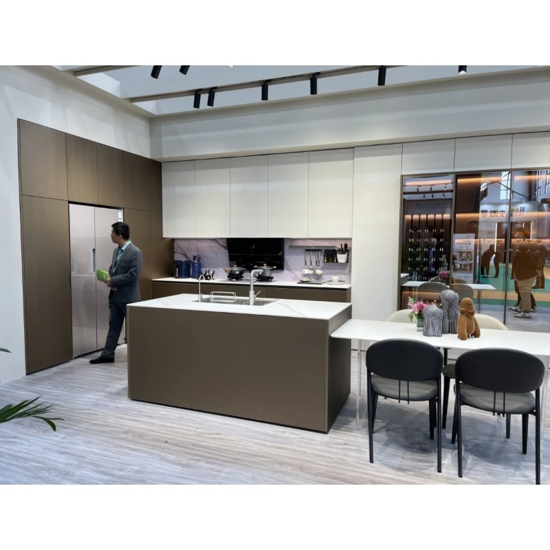 Modern White Modular High Gloss Kitchen Cabinets With Round Design Island