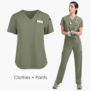 New Short Sleeve V-Neck Surgical Scrub Suit Nurse Uniform Hand Washing Suit Women Set Operating Room Elastic Surgical Gown