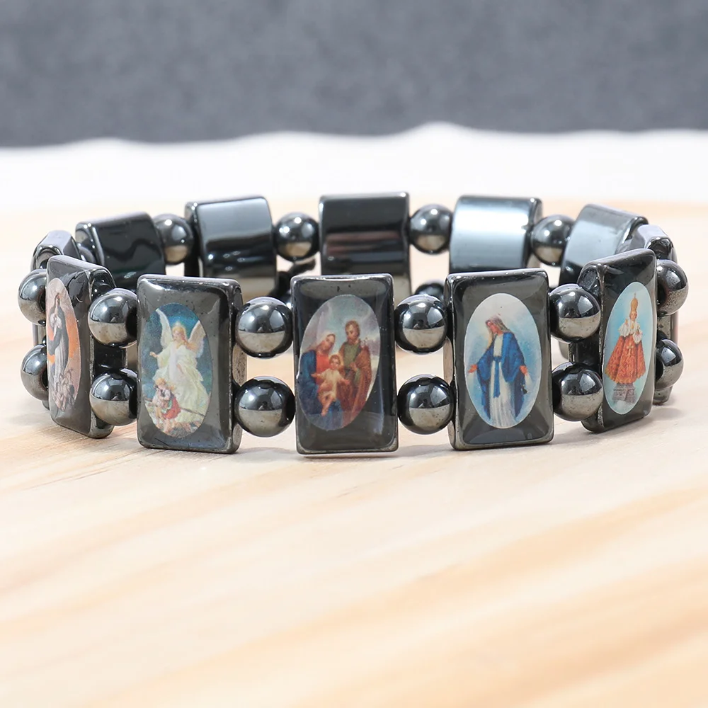 Magnetite Men Bracelet Dual Strand Religious Jewelry Holy Father Jesus Virgin Mary Gifts Catholic Healing Hematite Bracelet