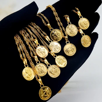 18k gold plated coin shape zodiac sign pendant necklace chain for women