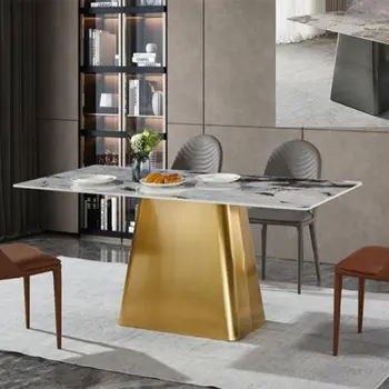 New model gold stainless steel base slate sintered stone top dining table with 6 chairs seaters
